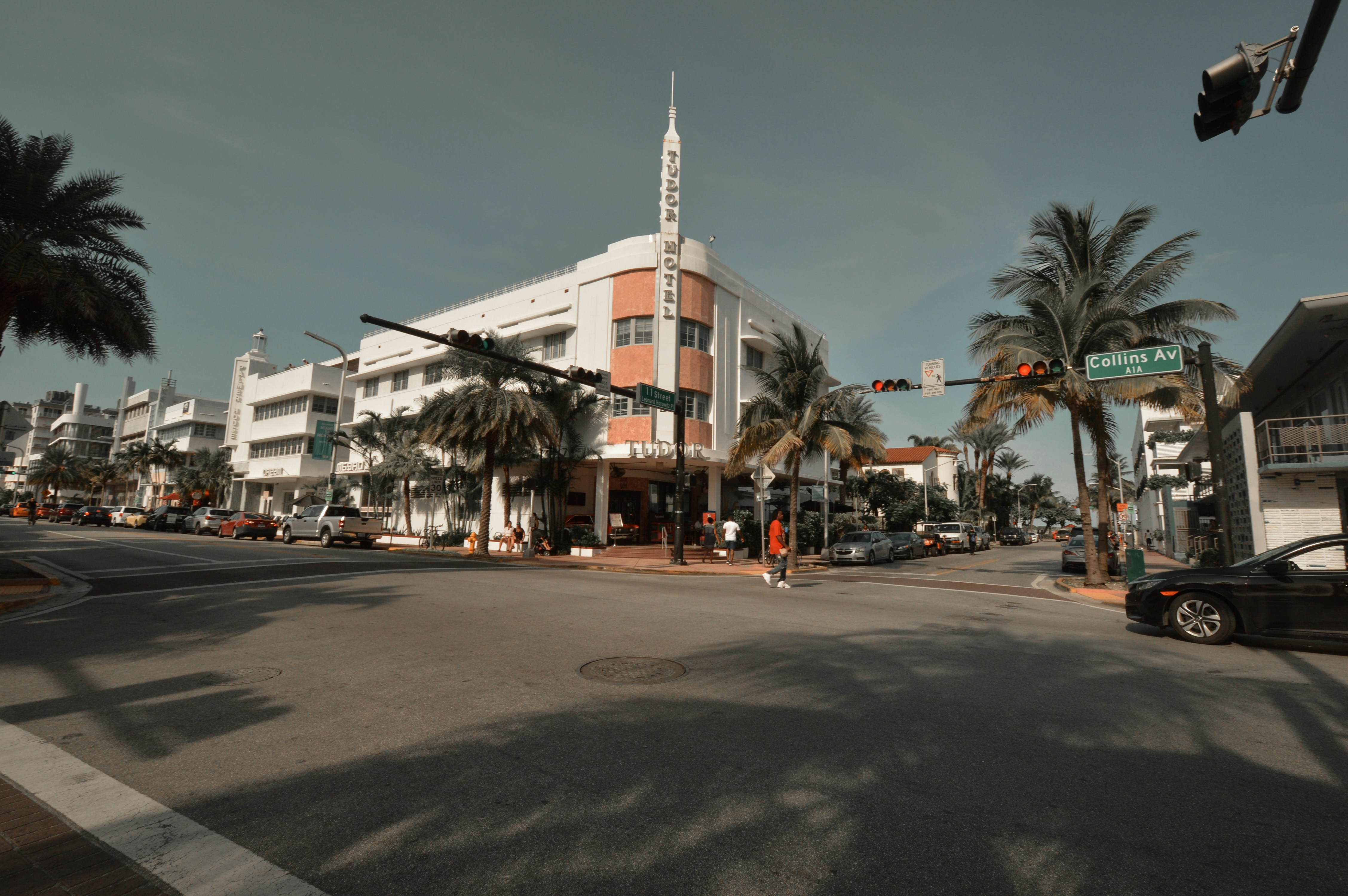 Una strada della città con palme e un edificio alto