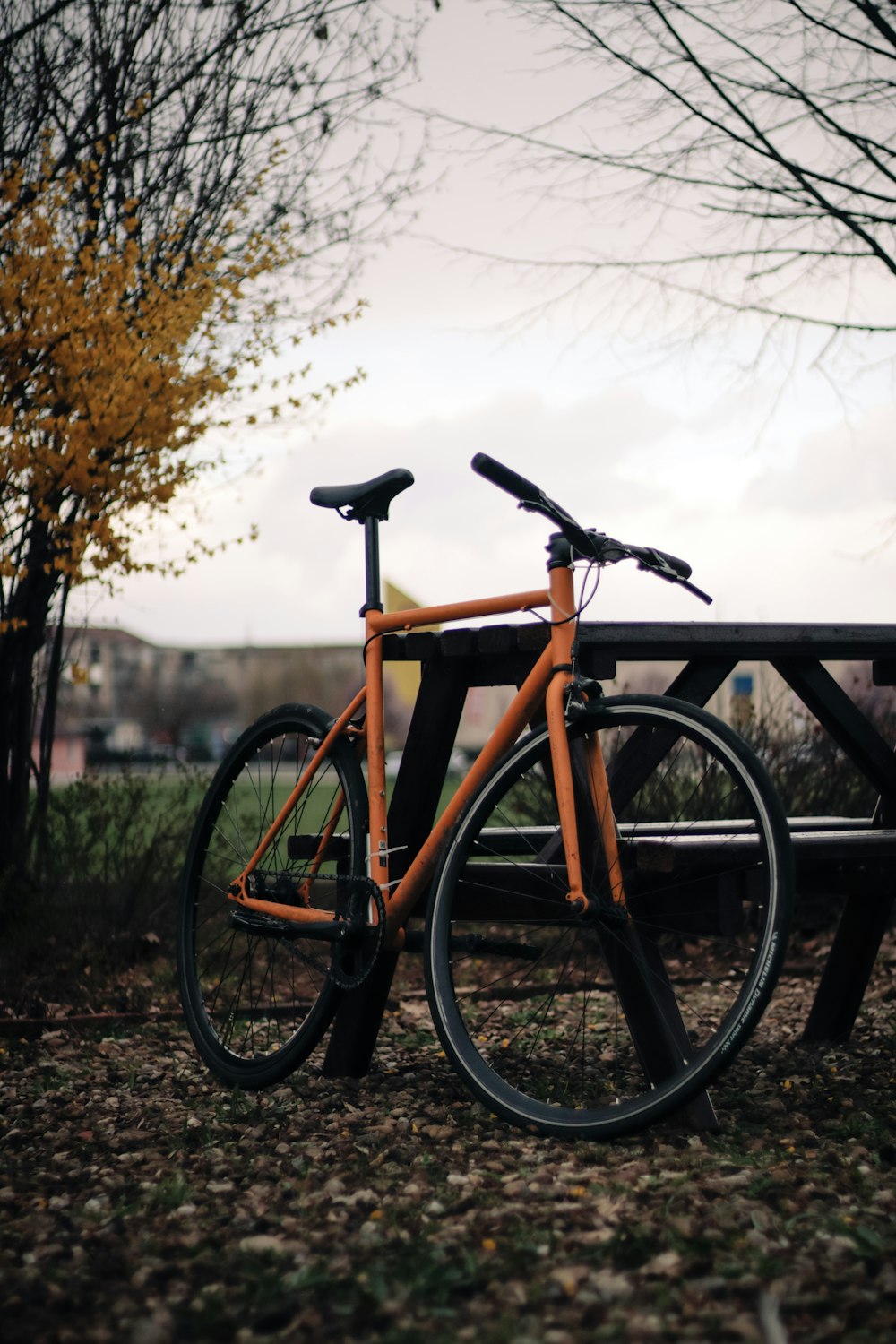 a bicycle parked next to a park bench