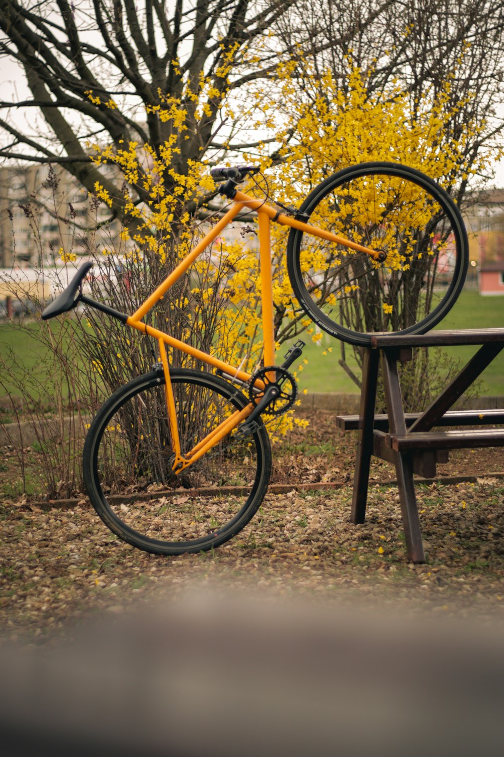 a yellow bicycle leaning up against a bench