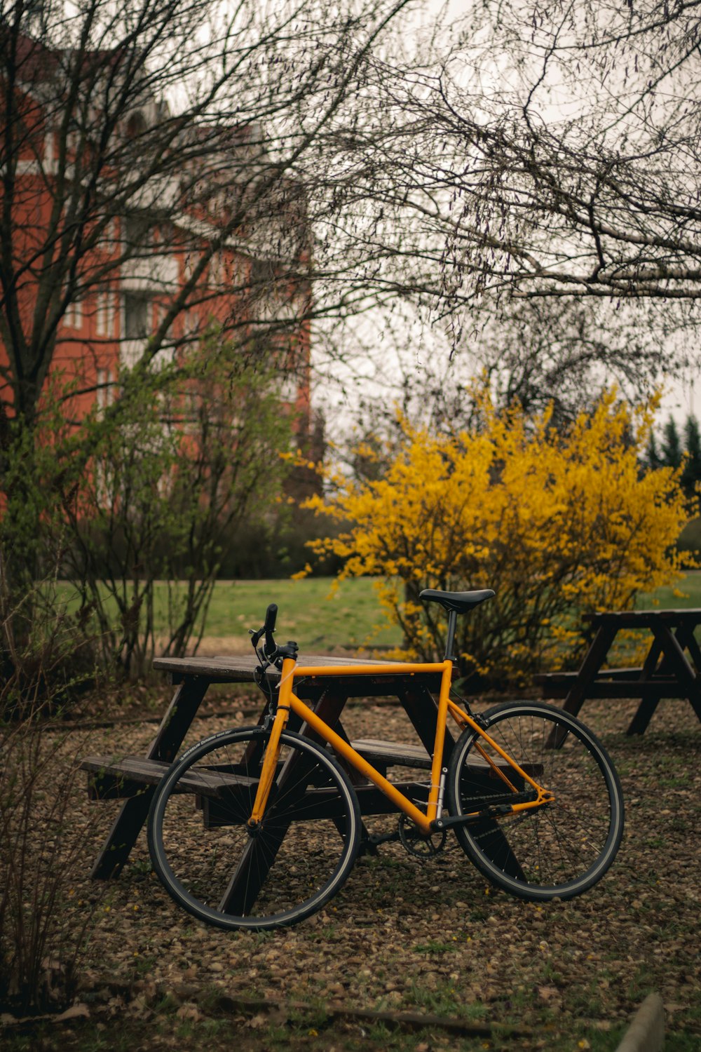 a yellow bicycle parked next to a picnic table