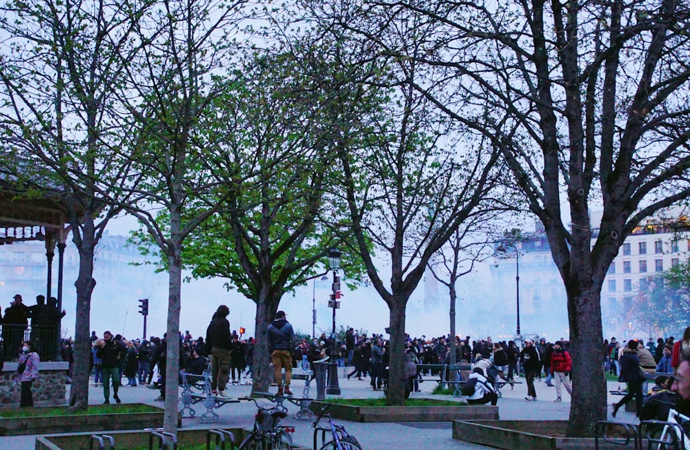 a crowd of people standing around a park