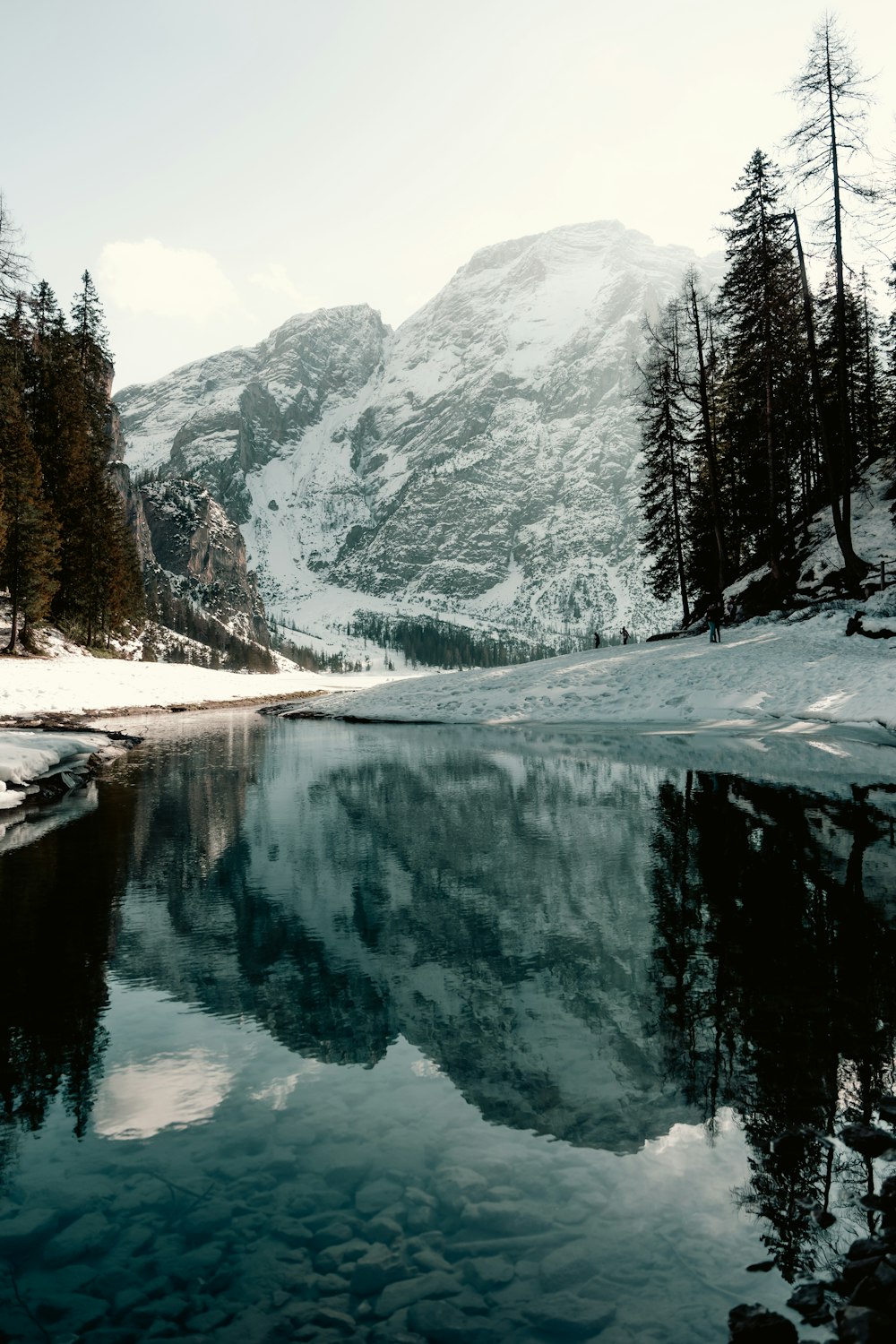 a lake surrounded by snow covered mountains and trees