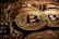 A close-up view of multiple shiny gold coins featuring the Bitcoin logo with intricate circuit-like patterns. The coins are stacked and overlap each other, creating a sense of abundance and wealth.