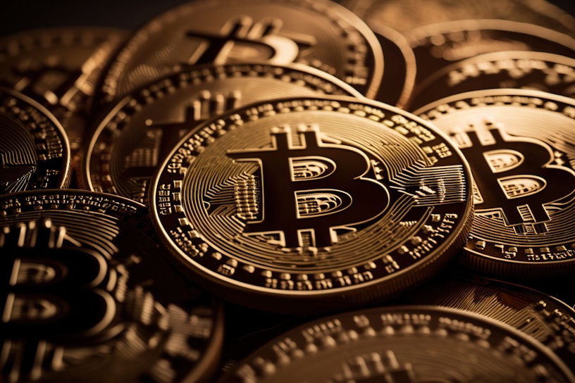Close-up of shimmering Bitcoin coins stacked on a sleek black surface, symbolizing digital investment.
