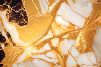 Intricate patterns of gold and white marble with rich veins, creating an abstract and luxurious visual texture.