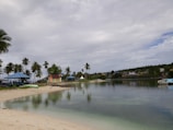 A tranquil beach scene with white sand and calm waters, lined with tall palm trees. There are small blue-roofed structures and colorful buildings nearby, with a backdrop of green hills and scattered houses. The sky is overcast with a few patches of blue.
