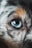 A close-up view of a dog's eye, showcasing intricate details of its fur and the bright blue color of the eye. The fur has various shades including black, white, and brown, framing the expressive and vivid eye. The focus is tight on the eye, giving a sense of sharpness and clarity.