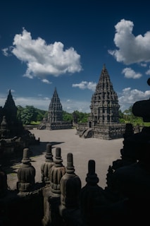 a large group of stone structures in a park