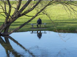 A peaceful outdoor scene with a person sitting quietly on a bench, reflecting.