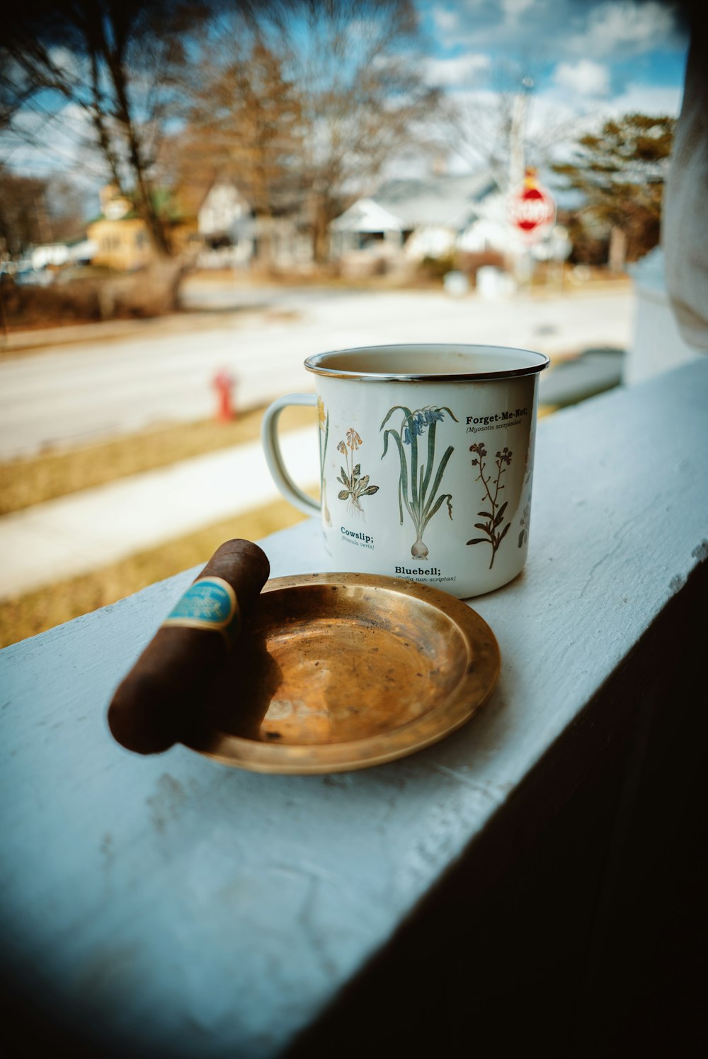 a cup and saucer sitting on a window sill