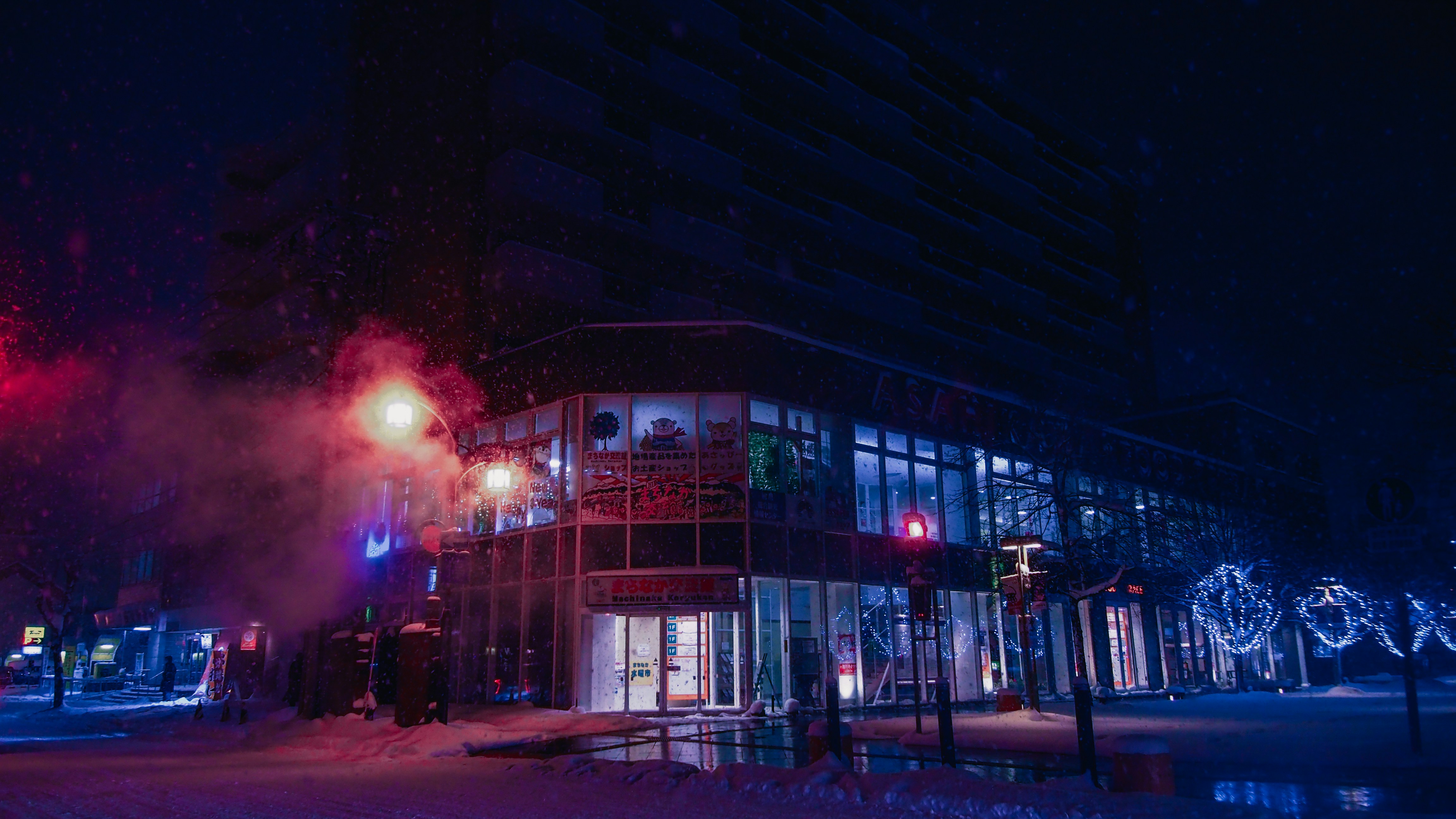 a building is lit up with christmas lights