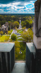 A scenic view of the college grounds with blooming trees and pathways