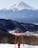 Man using phone outdoors with Mount Fuji visible behind him