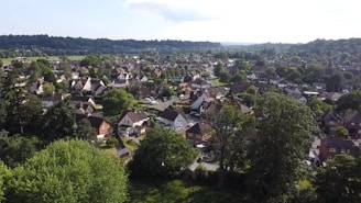Aerial view of a residential neighborhood with numerous houses surrounded by lush greenery. The houses are predominantly detached with pitched roofs, and there's a dense coverage of trees and lawns. The landscape extends to a horizon of hills, giving a sense of a suburban area nestled within nature.