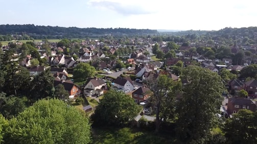 Aerial view of a residential neighborhood with numerous houses surrounded by lush greenery. The houses are predominantly detached with pitched roofs, and there's a dense coverage of trees and lawns. The landscape extends to a horizon of hills, giving a sense of a suburban area nestled within nature.