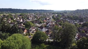 Aerial view of a residential neighborhood with numerous houses surrounded by lush greenery. The houses are predominantly detached with pitched roofs, and there's a dense coverage of trees and lawns. The landscape extends to a horizon of hills, giving a sense of a suburban area nestled within nature.