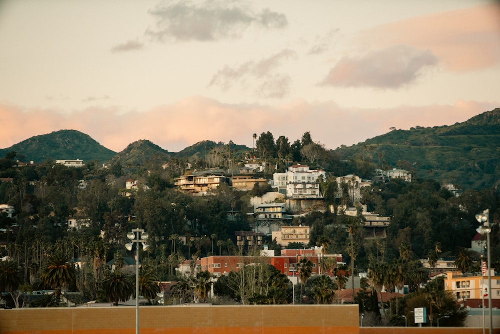 a view of a city with mountains in the background