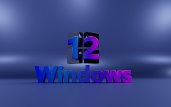 A 3D rendering features the number '12' above the word 'Windows'. The number is designed split with halves in blue and purple while the word 'Windows' is colored blue and transitions to purple on the right.