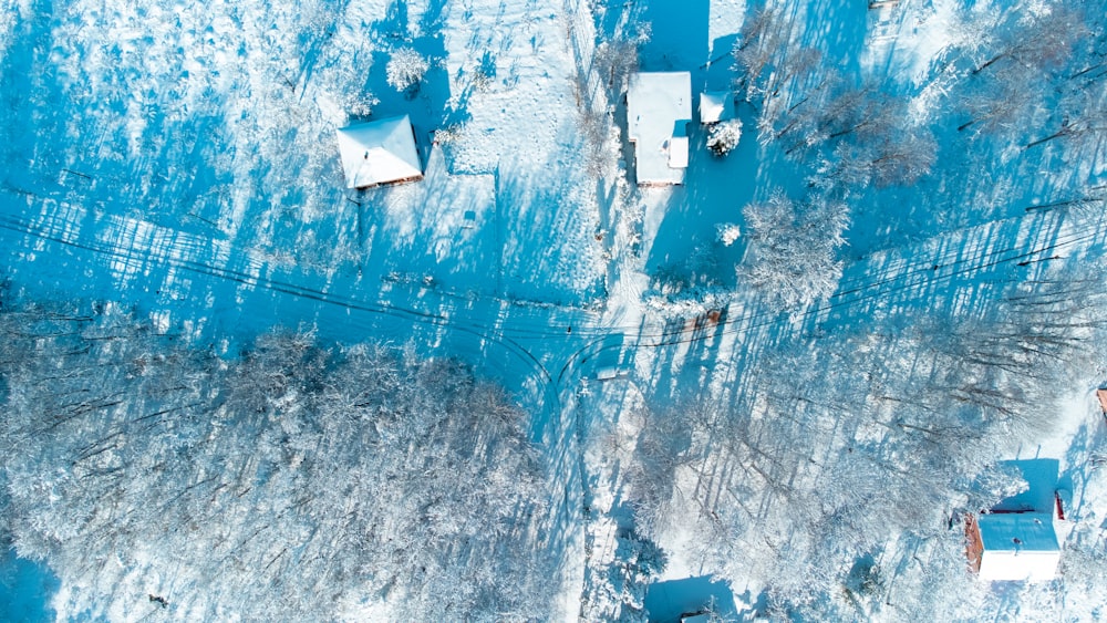 an aerial view of snow covered trees and houses