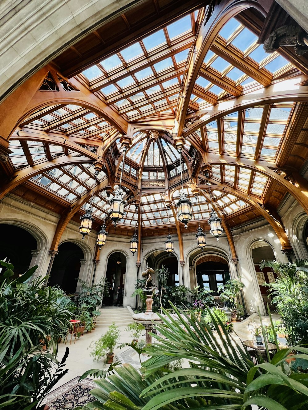 the inside of a building with a glass roof