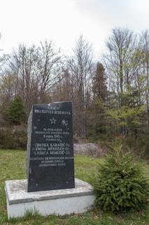 A memorial stone stands in a grassy area surrounded by trees. The stone has inscriptions in a Slavic language, with names and a date listed on it. The background features leafless trees, suggesting it might be early spring or late autumn. The scene is calm and serene.
