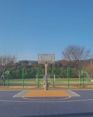 A basketball court with a hoop at the center is set against a backdrop of a sports field and trees. The court has a blue and orange surface, and it is surrounded by green metal fencing. The trees are bare, suggesting a winter or early spring setting under a clear blue sky.
