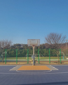 A basketball court with a hoop at the center is set against a backdrop of a sports field and trees. The court has a blue and orange surface, and it is surrounded by green metal fencing. The trees are bare, suggesting a winter or early spring setting under a clear blue sky.