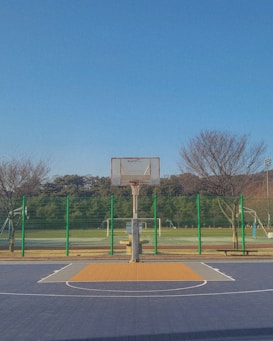A basketball court with a hoop at the center is set against a backdrop of a sports field and trees. The court has a blue and orange surface, and it is surrounded by green metal fencing. The trees are bare, suggesting a winter or early spring setting under a clear blue sky.