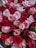 A bouquet of roses featuring a variety of red and pink blooms arranged closely together. The petals are lush and vibrant, and the green leaves add contrast to the rich colors.
