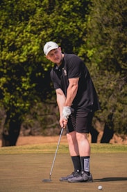 A person wearing a black polo shirt, black shorts, and a white cap is standing on a golf course, holding a putter and seemingly preparing to take a golf shot. The background features green trees under bright sunlight.