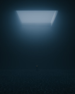a dark room with a light coming from the ceiling