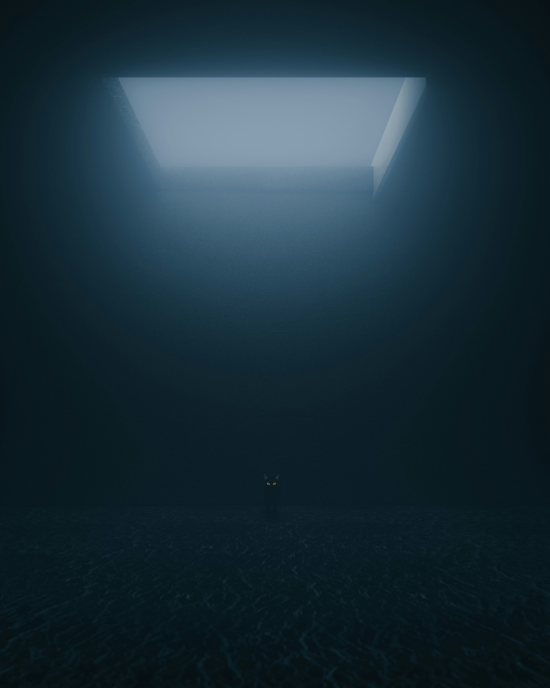 A shadowy creature lurking just beyond a cracked doorway, its glowing eyes watching silently as contestants edge closer to solving a complex puzzle.