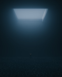 A dark, shadowy room with a single rectangular opening at the top that emits soft light. The space is dimly illuminated, and a pair of glowing eyes appear at the center of the image, belonging to a mysterious, unidentifiable figure.