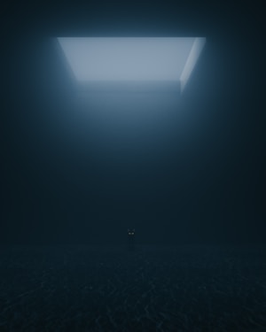 A dark, shadowy room with a single rectangular opening at the top that emits soft light. The space is dimly illuminated, and a pair of glowing eyes appear at the center of the image, belonging to a mysterious, unidentifiable figure.