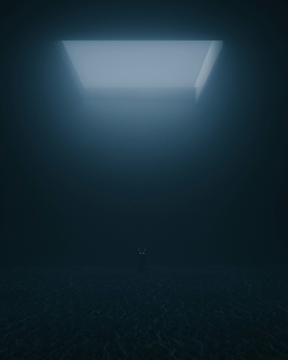 a dark room with a light coming from the ceiling