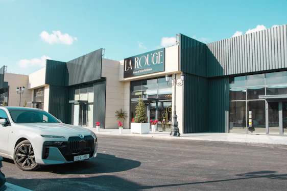 A sleek office building with a luxury car parked in front, symbolizing rauhous Holdings' management focus.