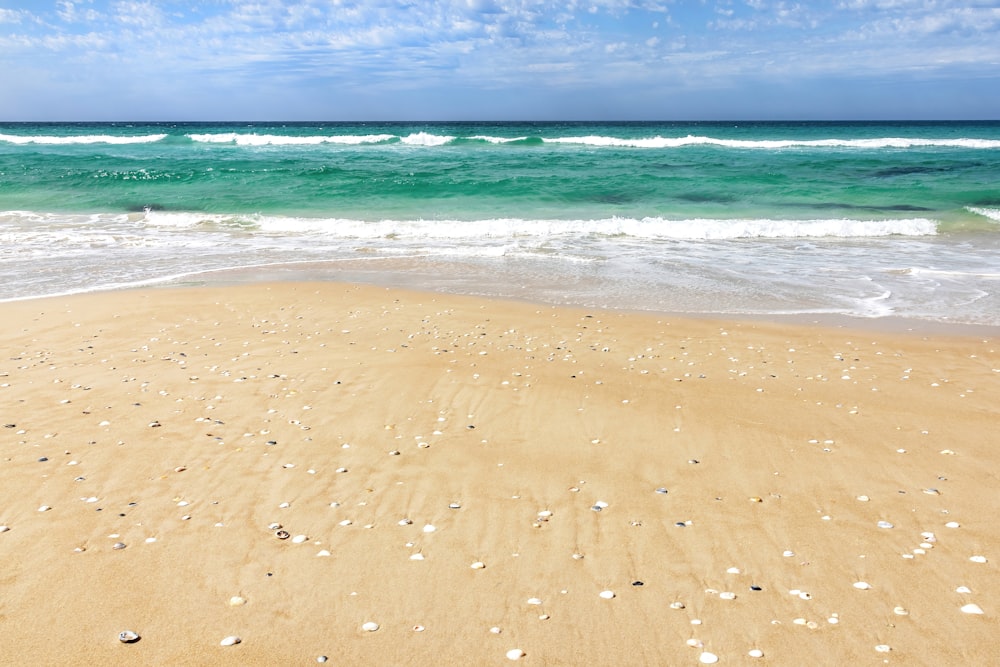 a sandy beach with waves coming in to shore