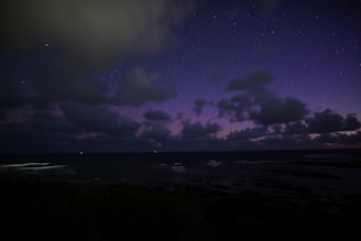 A serene night sky over a calm ocean with stars twinkling above, evoking a dark academy aesthetic.