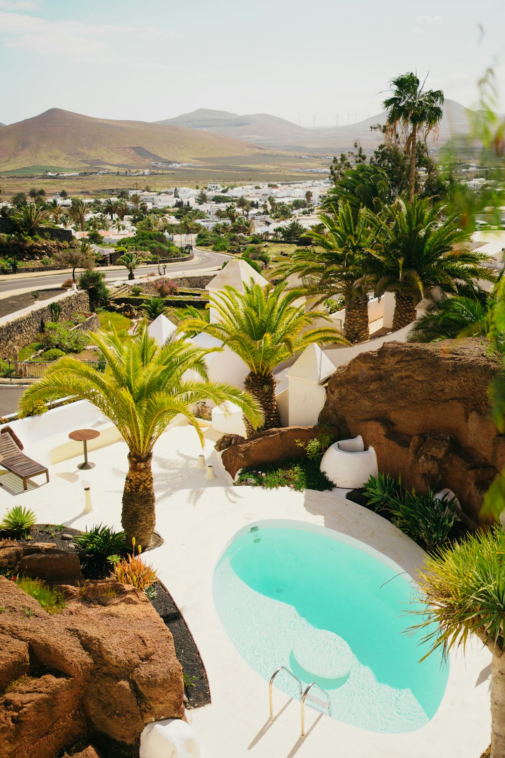 a pool surrounded by palm trees next to a hillside