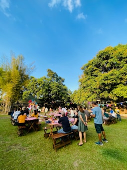 A group of people is gathered outdoors, sitting on wooden benches at tables covered with red checkered tablecloths. The setting appears to be a picnic or outdoor event in a lush green area with large trees and a clear blue sky. Colorful bunting is strung across, adding a festive atmosphere. The scene is lively, with some people interacting while others are seated.