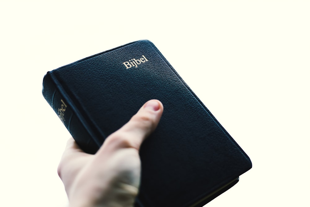 a person holding a bible in their hand