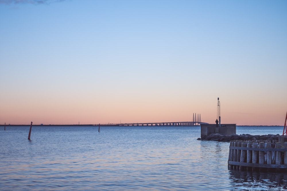 a body of water with a bridge in the background