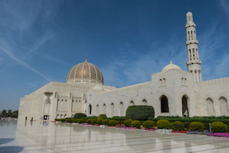 a large white building with a clock tower in the background