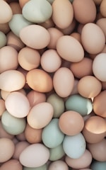 A collection of eggs in various muted pastel colors, including shades of light brown, beige, and pale blue, closely packed together.