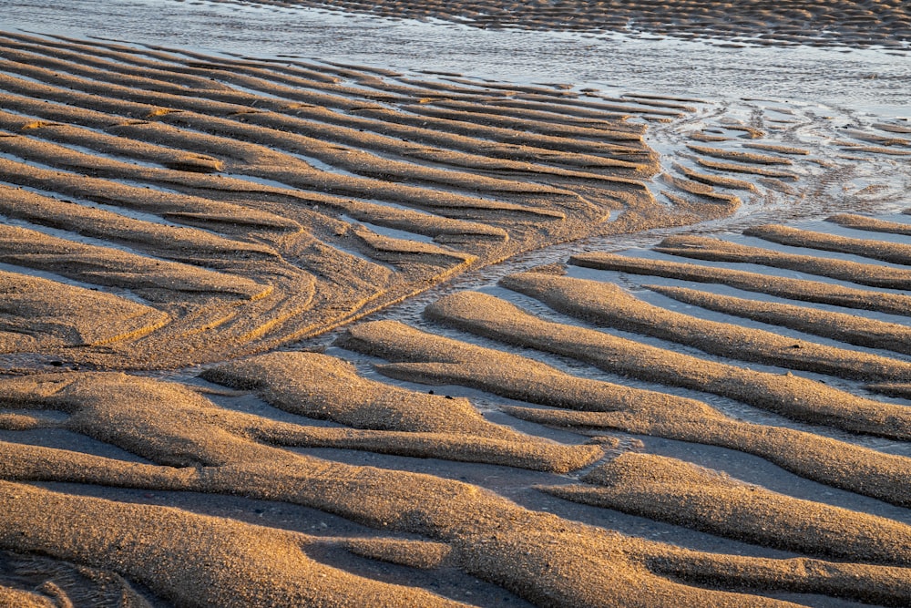 a sandy beach covered in sand next to a body of water