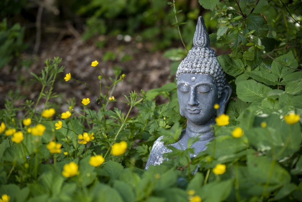 a buddha statue sitting in the middle of a field of flowers