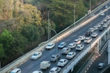 Aerial view of vehicles on a busy road.