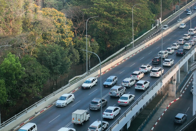 Aerial view of vehicles on a busy road.