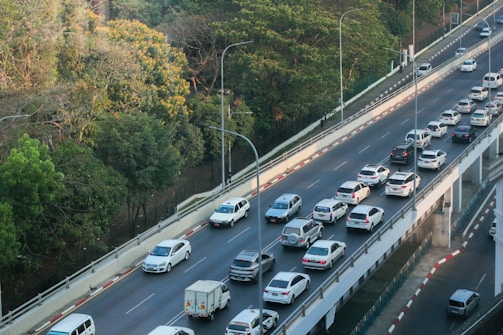 An aerial view of a busy transport route with vehicles.