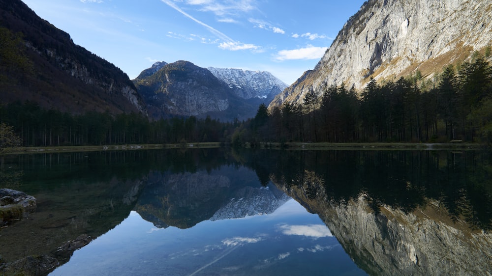 a lake surrounded by mountains and trees